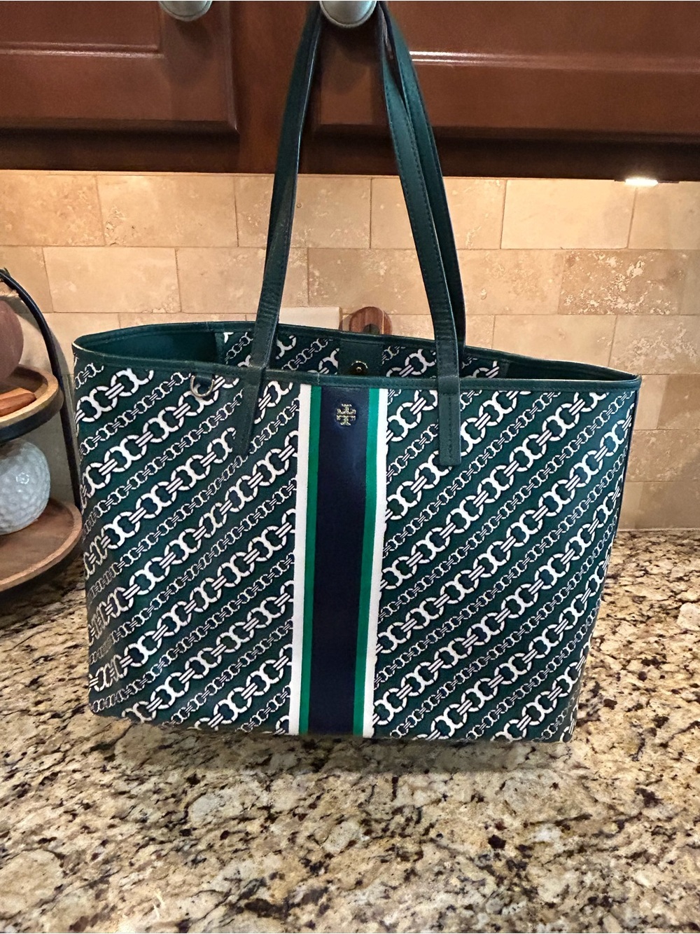 Tory Burch Green and White Chain-Print Tote